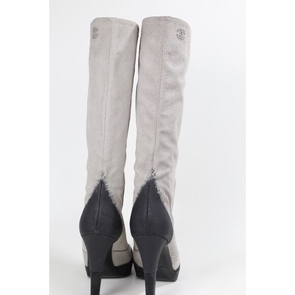 Chanel Suede Leather Slouchy Boots Cap Toe Knee High Heel Boots CC Logo Size 39 - Picture 7 of 16